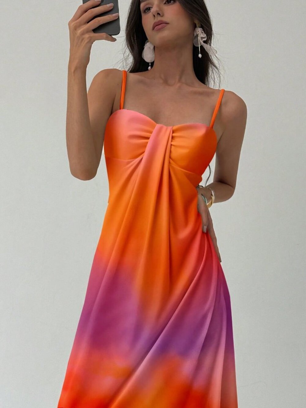 Orange Boho Women's Elegant Tie-Dye Print Slip Dress - Picture 7 of 9